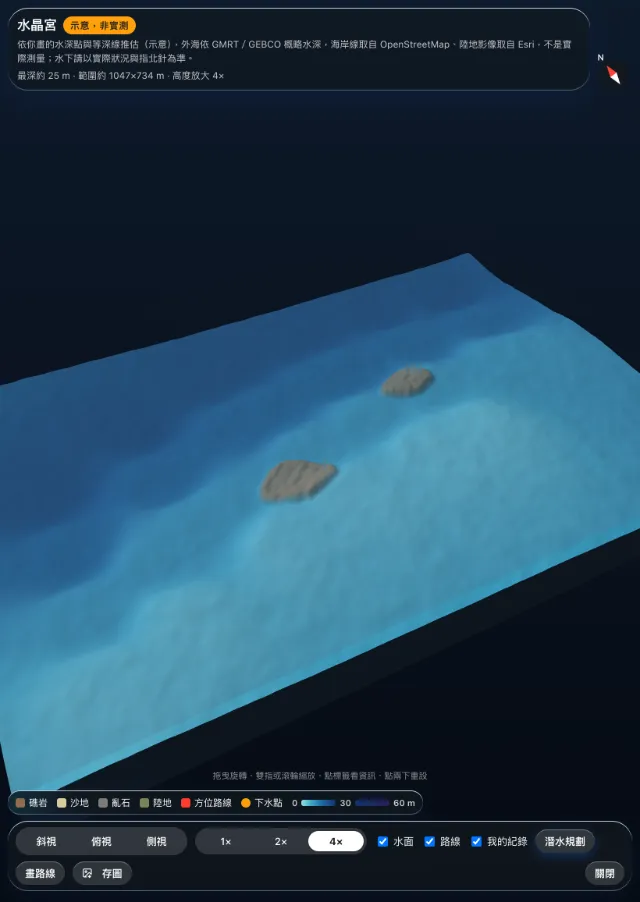 畫好的等深線與礁區立刻變成 3D 預覽